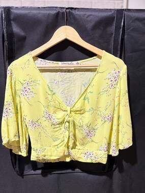 Liberty Love Yellow Floral Print Tie-Front Crop Blouse with Bell Sleeves